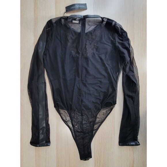 Denim Bodysuit Maniere De Voir sz 16 Black Mesh Long Sleeve Corset Clubwear NEW - Picture 6 of 9